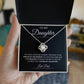 A hand holds an open To My Daughter: Forever Connected box with a Love Knot Necklace. The inside lid displays a heartfelt message from Dad. The intertwined pendant features 14k white gold and shimmering cubic zirconia crystals.
