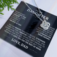The “To My Daughter - Love Knot Necklace” features a silver heart-shaped pendant on a card with an inspiring father-to-daughter message in white text on a black background, accented by greenery in the corner, symbolizing their unbreakable bond.