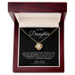 The To My Daughter: Forever Connected Message Card & Love Knot Necklace features a round 14k white gold pendant with sparkling cubic zirconia, displayed in an open wooden box with a heartfelt message from Dad about pride and love.