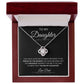 The To My Daughter: Forever Connected Message Card & Love Knot Necklace, featuring sparkling cubic zirconia crystals, is displayed in a red jewelry box with a heartfelt message from Dad expressing pride and love for his daughter.