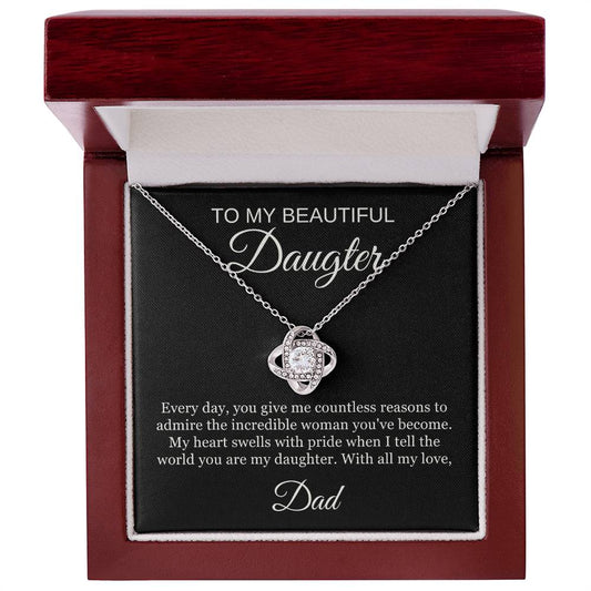 The To My Beautiful Daughter | Love Knot Necklace | With all my heart, Dad features a sparkling cubic zirconia pendant in a red box inscribed: To my beautiful Daughter… With all my love, Dad, with a touching message of admiration and pride.