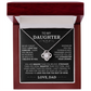 The To My Daughter - Love Knot Necklace features a heart pendant in a wooden box with a heartfelt message from dad, making it the perfect father-daughter gift to express love, support, and encouragement.