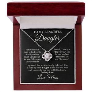 To My Beautiful Daughter Cubic Zirconia Love Knot Necklace Gift, Daughter Necklace, Graduation Day Gifts, Birthday Gifts |  Black Message Card Background