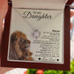 A hand presents the To My Daughter – Love Knot Necklace with Lion & Cub Message Card, featuring a heartfelt note from Dad and an illustration of a lion and cub—an ideal gift to show love and encouragement to your daughter.