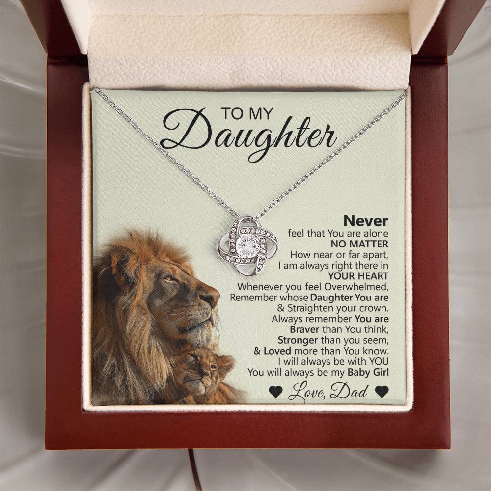 The To My Daughter – Love Knot Necklace with Lion & Cub Message Card gift box features a lion and cub illustration and includes a heartfelt father-to-daughter message of love, encouragement, and reassurance.