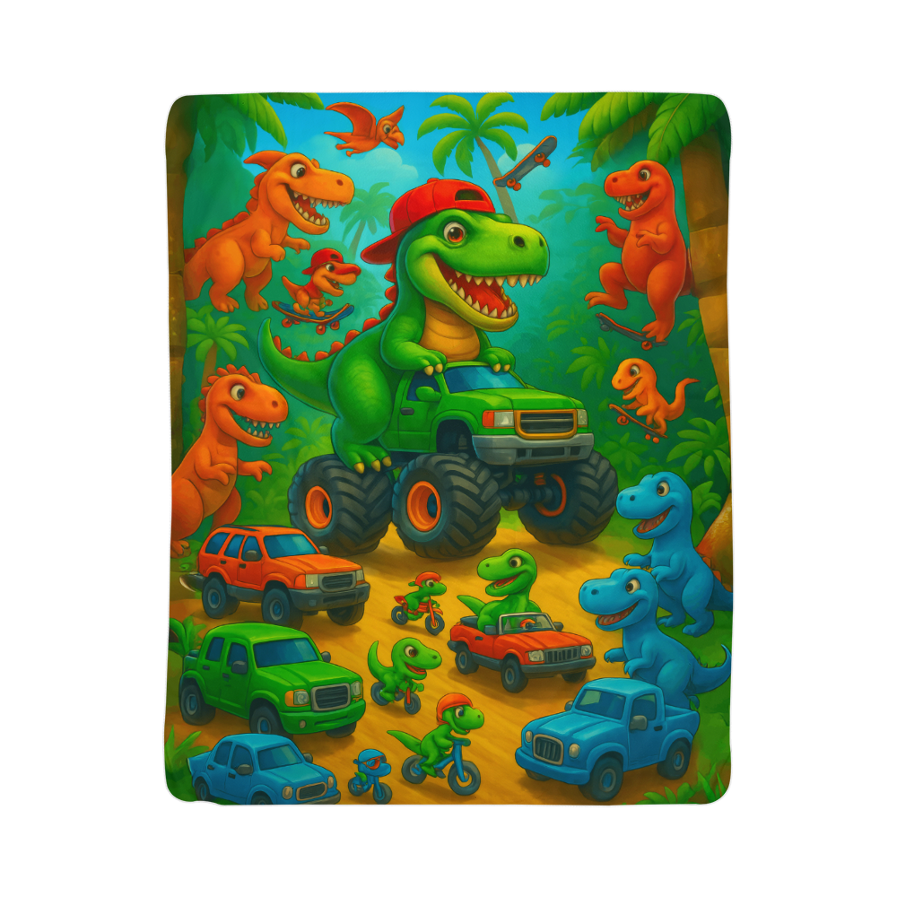 Colorful illustration of cartoon dinos, including a green dino in a red cap driving a monster truck with other dinos, cars, palm trees, and sunny sky—perfect for the Dino Monster Truck Sherpa Fleece Blanket: Cozy, Colorful & Perfect for All Seasons.