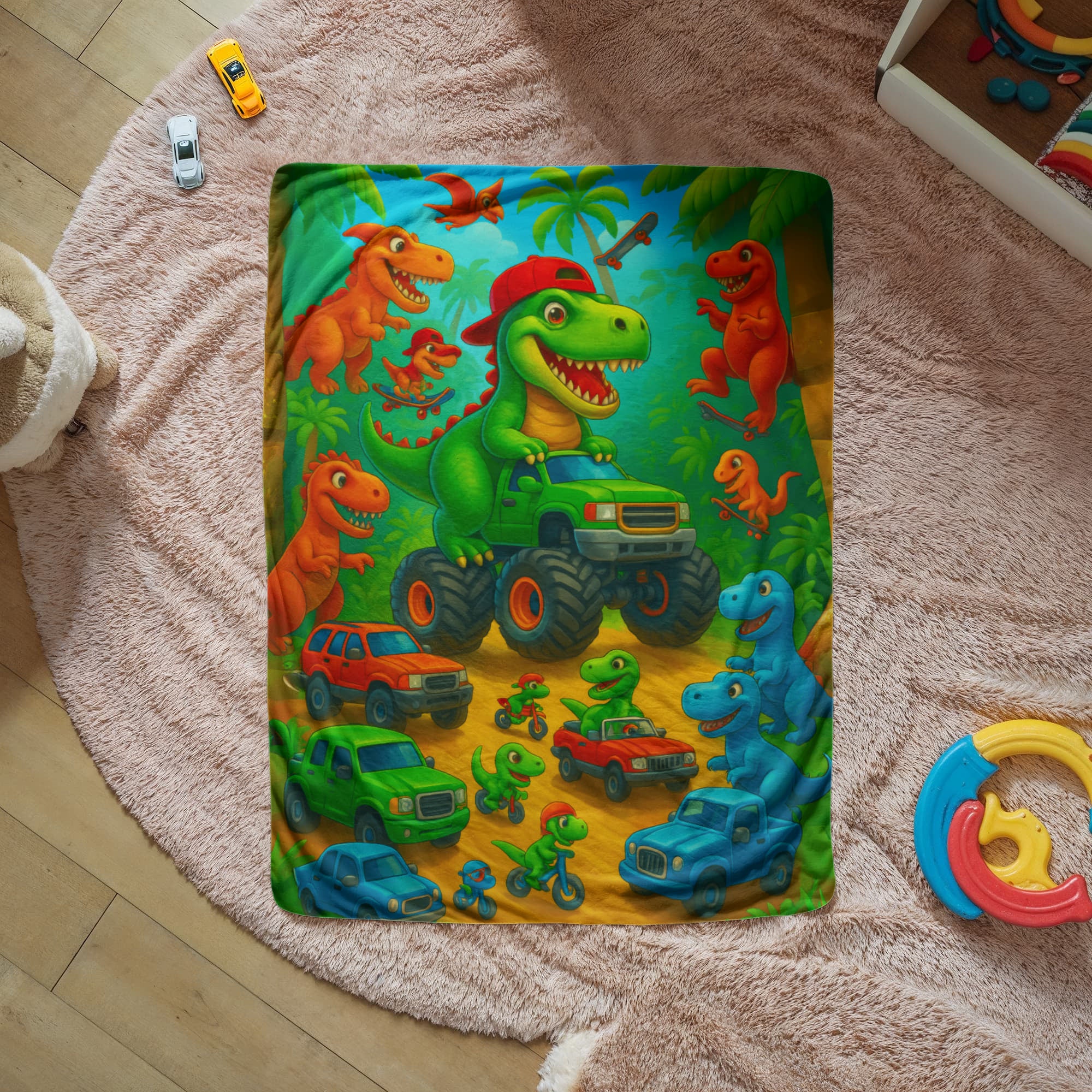The Dino Monster Truck Sherpa Fleece Blanket is cozy, colorful, and perfect for all seasons, featuring cartoon dinosaurs—like a green dino in a red cap driving a monster truck—amid cars, bikes, palm trees, and toys on a pink rug.