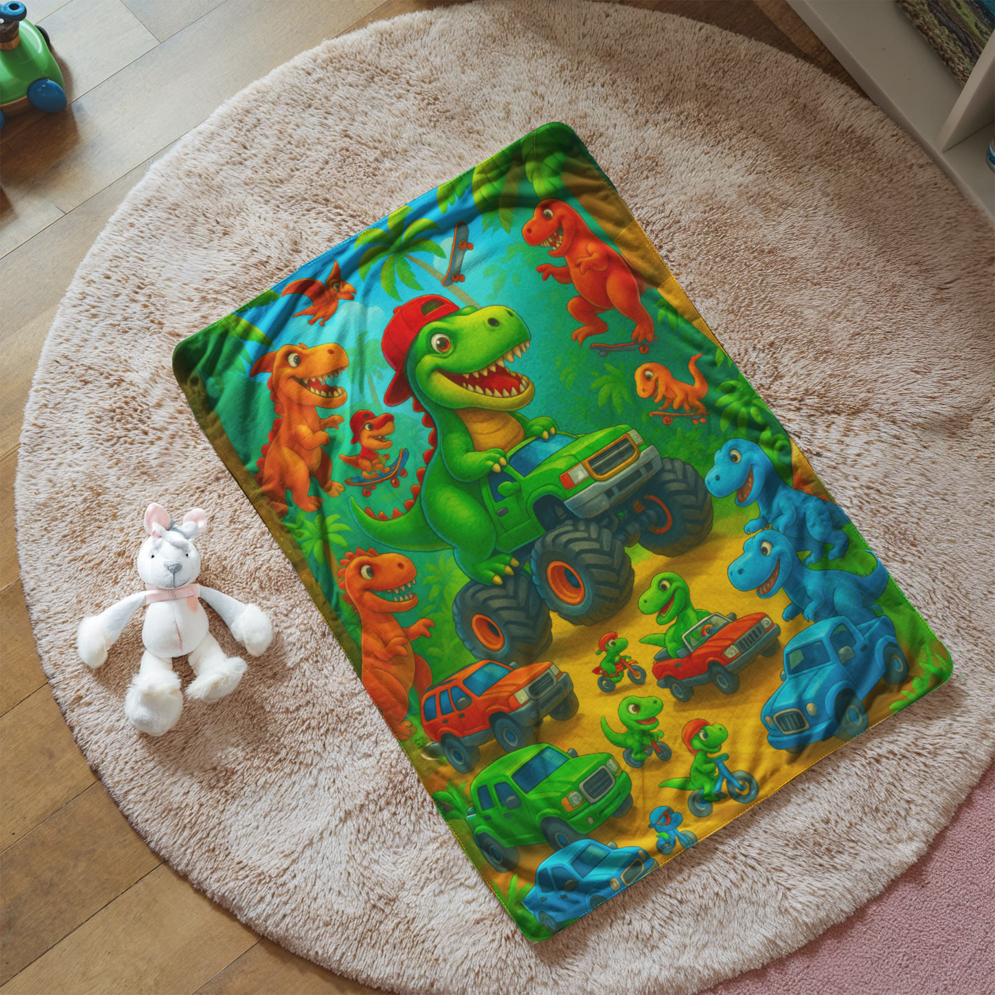 A cozy kids’ room features the Dino Monster Truck Sherpa Fleece Blanket—colorful and perfect for all seasons—spread on a round beige rug, next to a white stuffed bunny, making it ideal for any little dino fan.