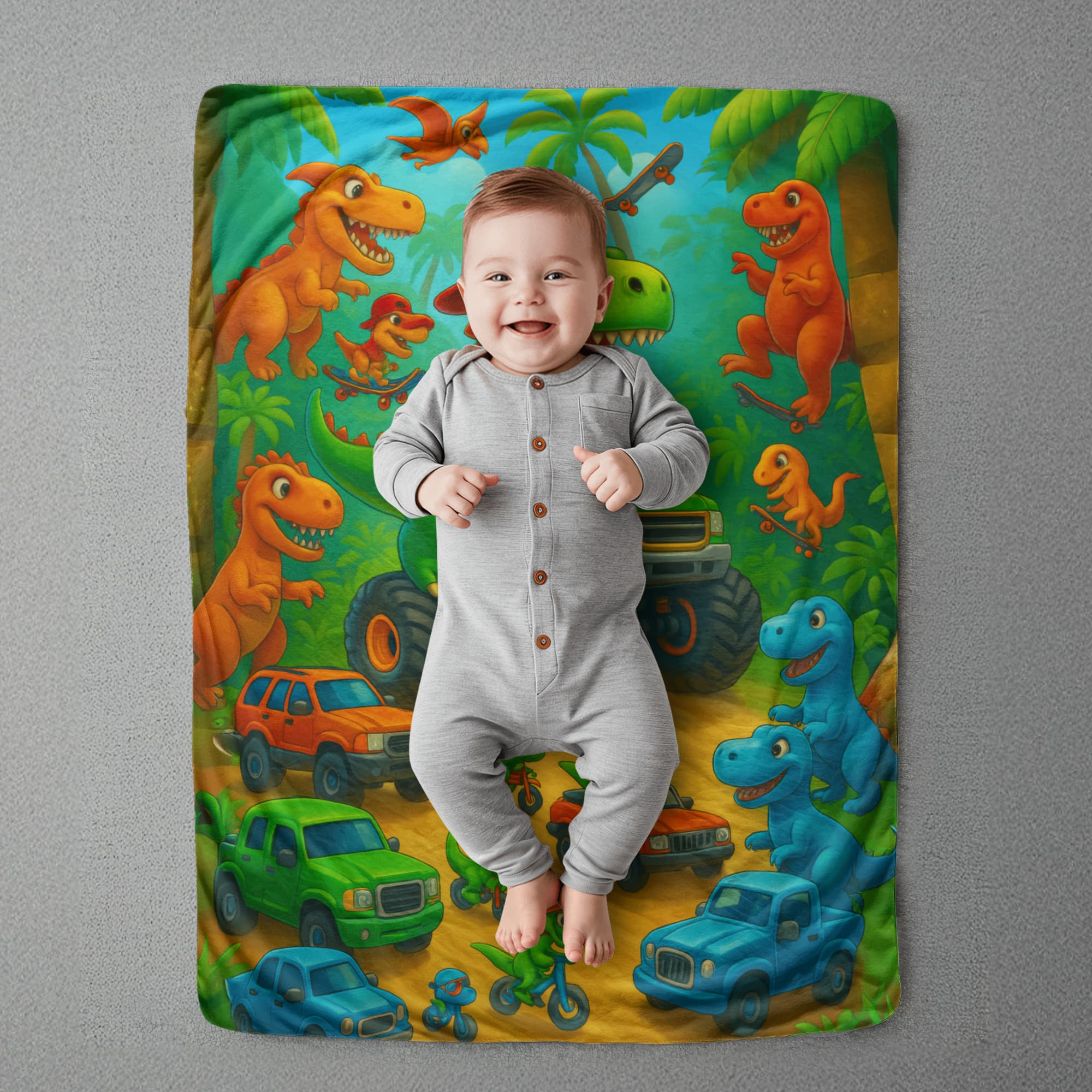 A smiling baby in a grey onesie lies on the Dino Monster Truck Sherpa Fleece Blanket—cozy and colorful, featuring cartoon dinosaurs and cars against a jungle background—perfect for little dinosaur lovers.
