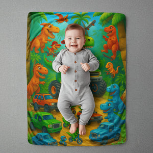 A smiling baby in a grey onesie lies on the Dino Monster Truck Sherpa Fleece Blanket—cozy and colorful, featuring cartoon dinosaurs and cars against a jungle background—perfect for little dinosaur lovers.