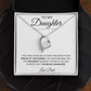 The To My Daughter: Forever Connected Message Card & Love Knot Necklace Set features a silver heart-shaped necklace with cubic zirconia, presented in a gift box with the message: “To my Daughter. You have given me so many reasons to be proud... Love, Dad.”.