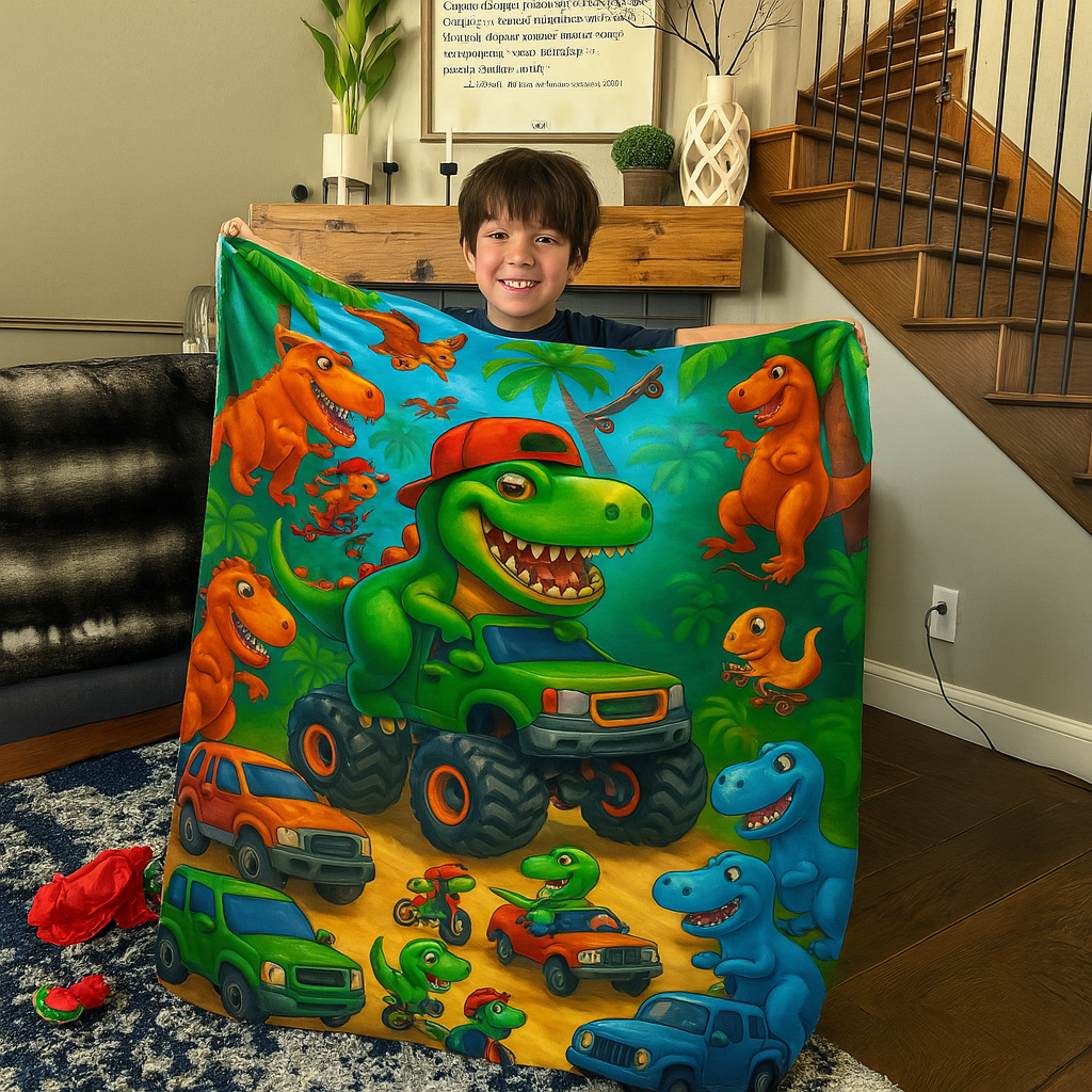 A smiling young boy holds up the Dino Monster Truck Sherpa Fleece Blanket, featuring cartoon dinosaurs like a green T-rex in a red cap driving a monster truck among other dinos and toy cars. Cozy, colorful, and perfect for all seasons!.