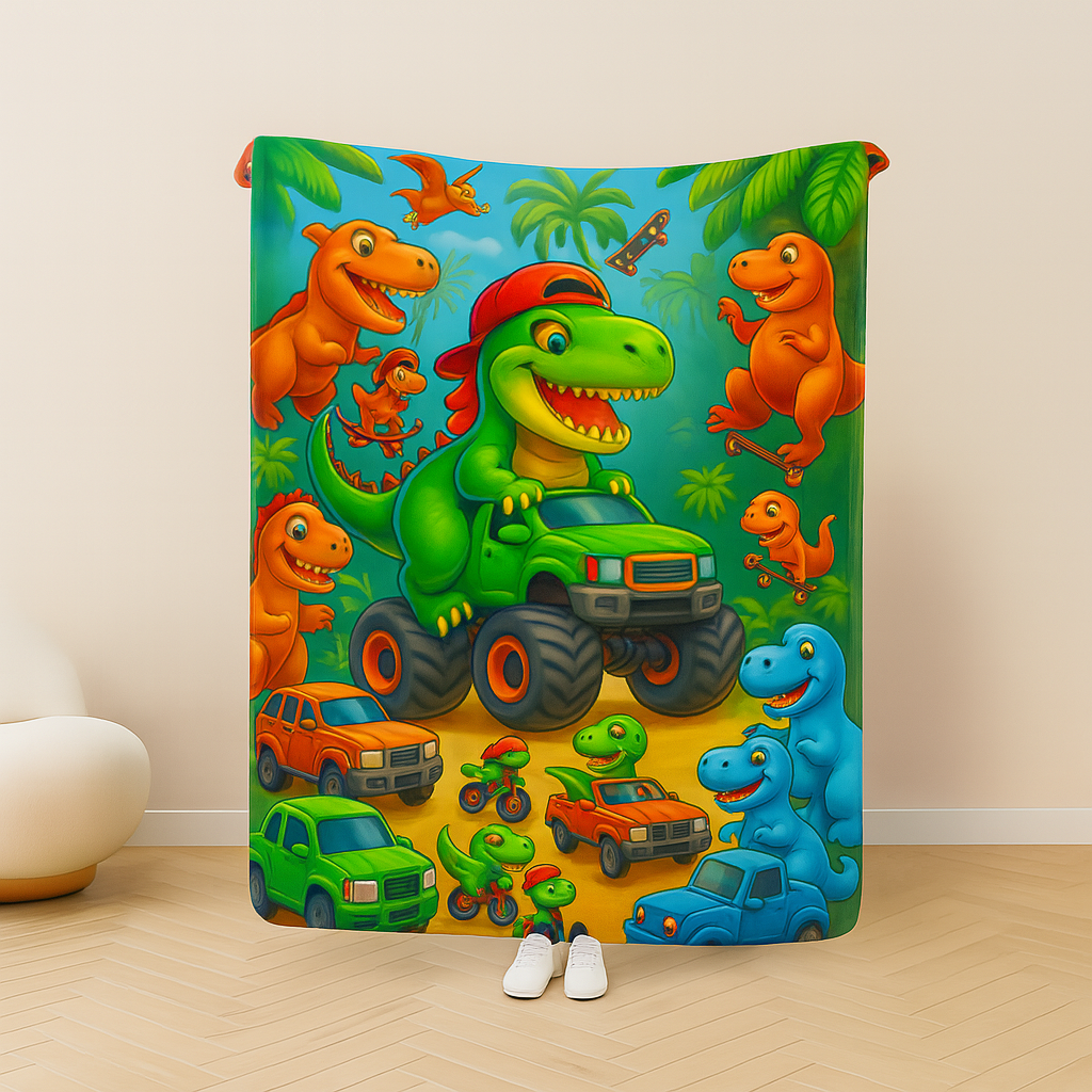 The Dino Monster Truck Sherpa Fleece Blanket—cozy, colorful, and perfect for all seasons—features playful cartoon dinosaurs in cars and on bikes with a central green dino in a red cap. An ideal gift for dino fans!.