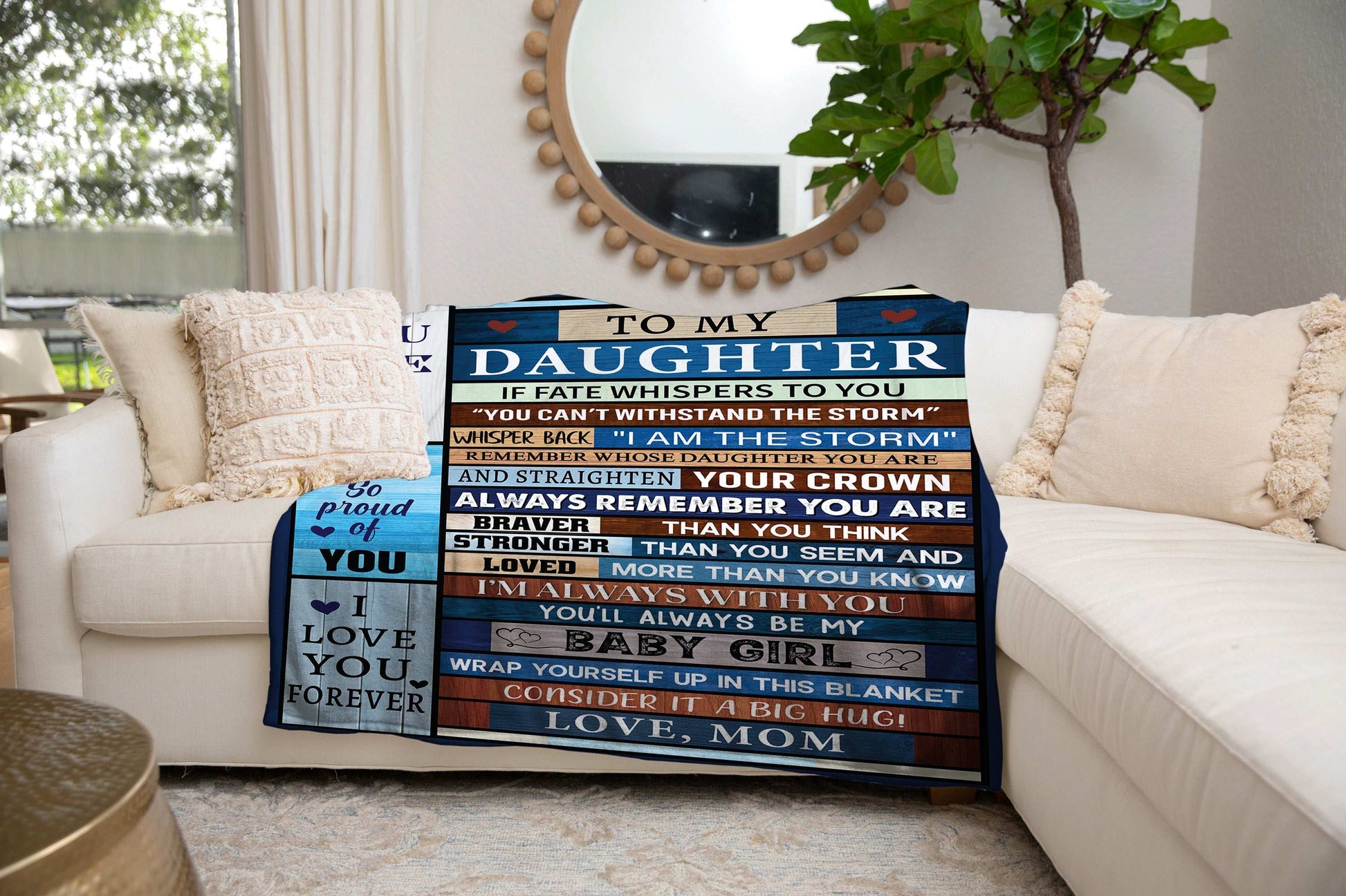 Rustic-style patchwork blanket with an inspirational message from a mother to her daughter, featuring wooden plank textures and motivational quotes.